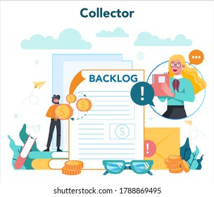 Debt collector concept. Pursuing payment of debt owed by person or businesses company. Collecting agency looking for people who doesn't pay bills. Vector illustration in cartoon style