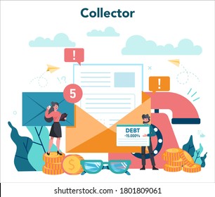 Debt collector concept. Pursuing payment of debt owed by person or businesses company. Collecting agency looking for people who doesn't pay bills. Vector illustration in cartoon style