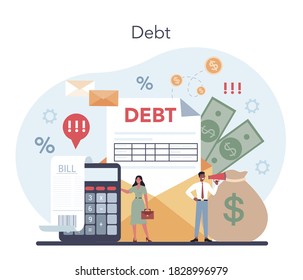 Debt collector concept. Pursuing payment of debt owed by person or businesses company. Collecting agency looking for people who doesn't pay bills. Vector illustration in cartoon style