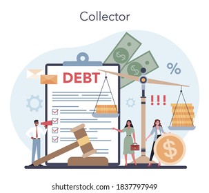 Debt collector concept. Pursuing payment of debt owed by person or businesses company. Collecting agency looking for people who doesn't pay bills. Vector illustration in cartoon style