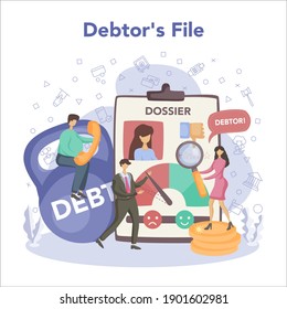 Debt collector concept. Pursuing payment of debt owed by person or businesses company. Collecting agency looking for people who doesn't pay bills. Vector illustration in cartoon style