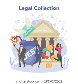 Debt collector concept. Pursuing payment of debt owed by person or businesses company. Collecting agency looking for people who doesn't pay bills. Vector illustration in cartoon style