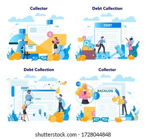 Debt collector concept set. Pursuing payment of debt owed by person or businesses company. Collecting agency looking for people who doesn't pay bills. Vector illustration in cartoon style