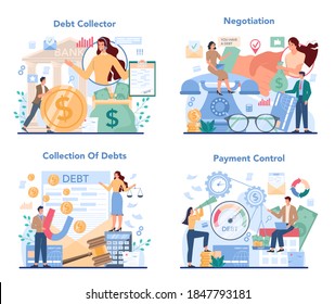 Debt collector concept set. Pursuing payment of debt owed by person or businesses company. Collecting agency looking for people who doesn't pay bills. Vector illustration in cartoon style