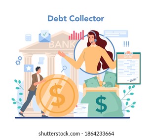 Debt collector concept set. Pursuing payment of debt owed by person or businesses company. Collecting agency looking for people who doesn't pay bills. Vector illustration in cartoon style