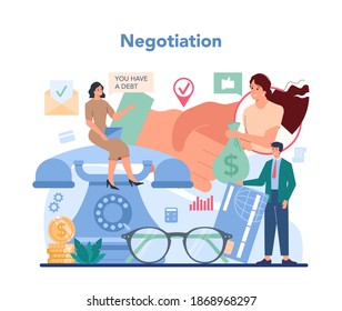 Debt collector concept set. Pursuing payment of debt owed by person or businesses company. Collecting agency looking for people who doesn't pay bills. Vector illustration in cartoon style