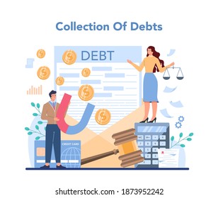 Debt collector concept set. Pursuing payment of debt owed by person or businesses company. Collecting agency looking for people who doesn't pay bills. Vector illustration in cartoon style