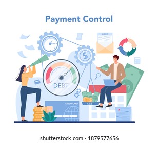 Debt collector concept set. Pursuing payment of debt owed by person or businesses company. Collecting agency looking for people who doesn't pay bills. Vector illustration in cartoon style