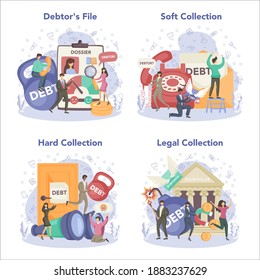 Debt collector concept set. Pursuing payment of debt owed by person or businesses company. Collecting agency looking for people who doesn't pay bills. Vector illustration in cartoon style