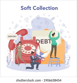 Debt collector concept, soft collection. Pursuing payment of debt owed by person or businesses company. Collecting agency looking for people who doesn't pay bills. Vector flat illustration