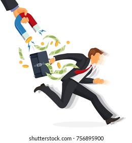 Debt Collector Man With Money Running Away On Vector Illustration