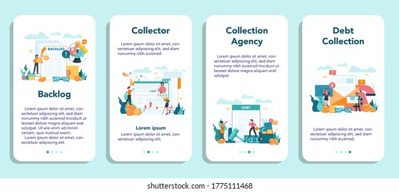 Debt collector mobile application banner set. Pursuing payment of debt owed by person or businesses company. Collecting agency looking for people who doesn't pay bills. Vector illustration