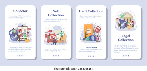 Debt collector mobile application banner set. Pursuing payment of debt owed by person or businesses company. Collecting agency looking for people who doesn't pay bills. Vector flat illustration