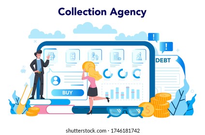 Debt collector online service or platform. Pursuing payment of debt owed by person or businesses company. Website. Vector illustration in cartoon style