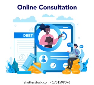 Debt collector online service or platform. Pursuing payment of debt owed by person or businesses company. Online consultation. Vector illustration in cartoon style