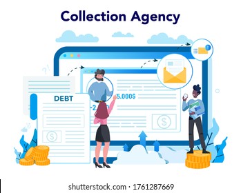 Debt collector online service or platform. Pursuing payment of debt owed by person or businesses company. Website. Vector illustration in cartoon style