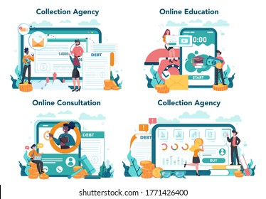 Debt collector online service or platform set. Pursuing payment of debt owed by person or businesses company. Online consultation, education, website. Vector illustration in cartoon style