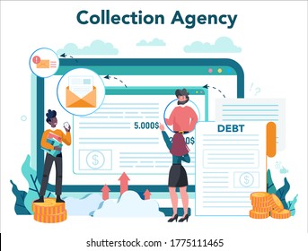 Debt collector online service or platform. Pursuing payment of debt owed by person or businesses company. Website. Vector illustration in cartoon style