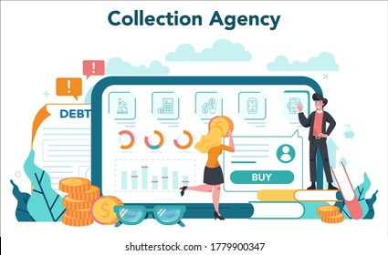 Debt collector online service or platform. Pursuing payment of debt owed by person or businesses company. Website. Vector illustration in cartoon style