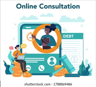 Debt collector online service or platform. Pursuing payment of debt owed by person or businesses company. Online consultation. Vector illustration in cartoon style