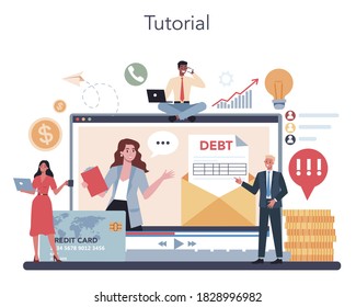 Debt collector online service or platform. Pursuing payment of debt owed by person or businesses company. Collecting agency. Online tutorial. Vector illustration