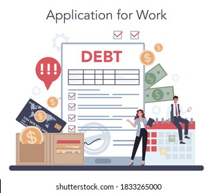 Debt collector online service or platform. Pursuing payment of debt owed by person or businesses company. Collecting agency. Online application. Vector illustration