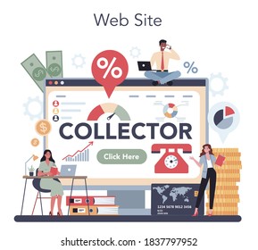 Debt collector online service or platform. Pursuing payment of debt owed by person or businesses company. Collecting agency. Website. Vector illustration