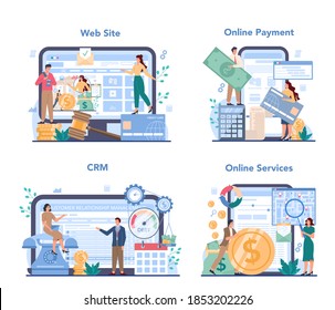 Debt collector online service or platform set. Pursuing payment of debt owed by person or businesses company. Online payment, website, CRM. Vector illustration