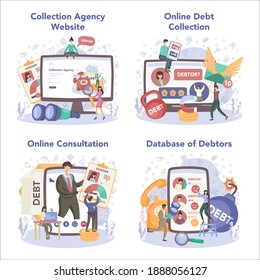 Debt collector online service or platform set. Collecting agency looking for people who doesn't pay bills. Online collection, consultation, database, website. Vector flat illustration