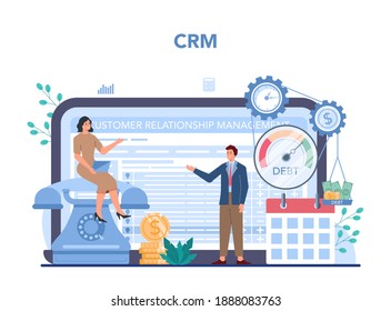 Debt collector online service or platform. Pursuing payment of debt owed by person or businesses company. CRM. Vector illustration