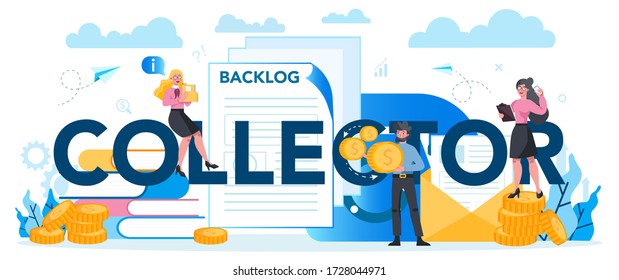 Debt collector typographic header concept. Pursuing payment of debt owed by person or businesses company. Collecting agency looking for people who doesn't pay bills. Vector illustration