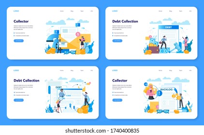 Debt collector web banner or landing page set. Pursuing payment of debt owed by person or businesses company. Collecting agency looking for people who doesn't pay bills. Vector illustration