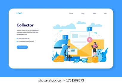 Debt collector web banner or landing page. Pursuing payment of debt owed by person or businesses company. Collecting agency looking for people who doesn't pay bills. Vector illustration