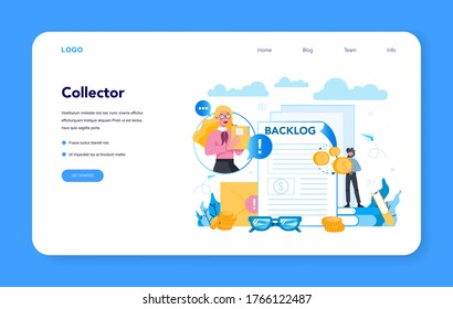 Debt collector web banner or landing page. Pursuing payment of debt owed by person or businesses company. Collecting agency looking for people who doesn't pay bills. Vector illustration