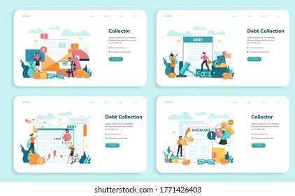 Debt collector web banner or landing page set. Pursuing payment of debt owed by person or businesses company. Collecting agency looking for people who doesn't pay bills. Vector illustration