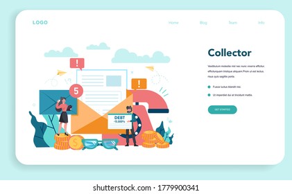 Debt collector web banner or landing page. Pursuing payment of debt owed by person or businesses company. Collecting agency looking for people who doesn't pay bills. Vector illustration