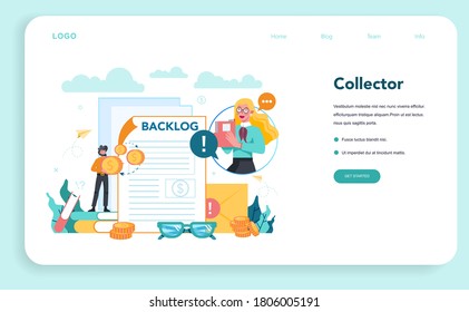 Debt collector web banner or landing page. Pursuing payment of debt owed by person or businesses company. Collecting agency looking for people who doesn't pay bills. Vector illustration