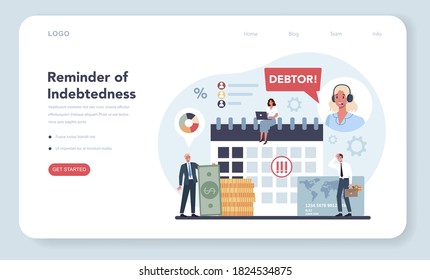 Debt collector web banner or landing page. Pursuing payment of debt owed by person or businesses company. Collecting agency looking for people who doesn't pay bills. Vector illustration