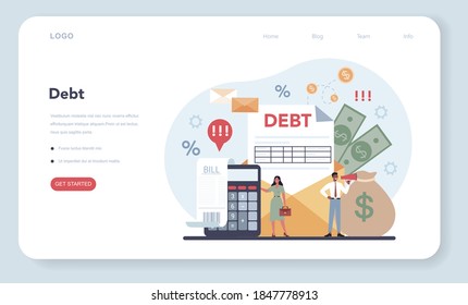 Debt collector web banner or landing page. Pursuing payment of debt owed by person or businesses company. Collecting agency looking for people who doesn't pay bills. Vector illustration