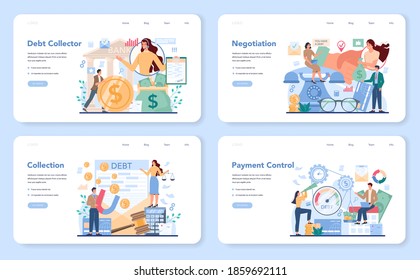 Debt collector web banner or landing page set. Pursuing payment of debt owed by person or businesses company. Collecting agency looking for people who doesn't pay bills. Vector illustration