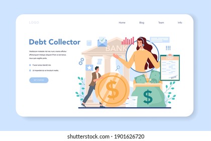 Debt collector web banner or landing page. Pursuing payment of debt owed by person or businesses company. Collecting agency looking for people who doesn't pay bills. Vector illustration