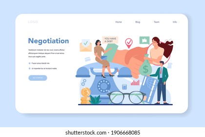 Debt collector web banner or landing page. Pursuing payment of debt owed by person or businesses company. Collecting agency looking for people who doesn't pay bills. Vector illustration