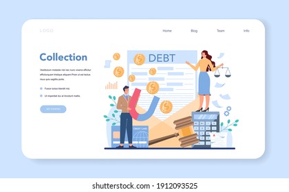 Debt collector web banner or landing page. Pursuing payment of debt owed by person or businesses company. Collecting agency looking for people who doesn't pay bills. Vector illustration