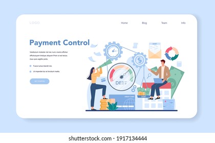 Debt collector web banner or landing page. Pursuing payment of debt owed by person or businesses company. Collecting agency looking for people who doesn't pay bills. Vector illustration