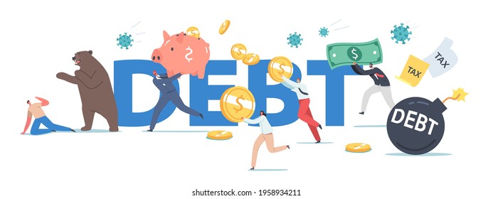Debt Concept. Bear Market at Covid19 Pandemic, Stock Panic due to Coronavirus. Business Investor Characters Run Away from Pathogen Cells Poster, Banner or Flyer. Cartoon People Vector Illustration