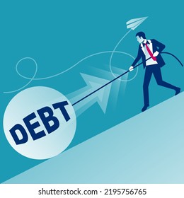 Debt concept. Businessman pushes big debt. Financial crisis, economic depression, crash financial. Vector illustration flat design. Isolated on background. Cartoon business people.