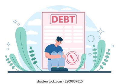 Concepto de deuda. Carácter con un pasivo por préstamos. Problema con las finanzas y el riesgo de quiebra. Carga crediticia, estrés mental por obligación financiera. Ilustración vectorial plana