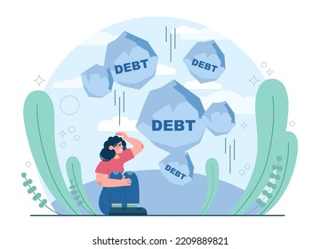 Debt concept. Character with a loan liability. Problem with finance and bankruptcy risk. Loan burden, mental stress from financial obligation. Flat vector illustration
