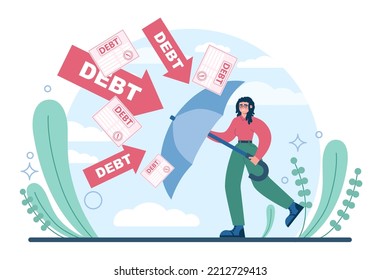 Debt concept. Character with a loan liability. Problem with finance and bankruptcy risk. Loan burden, mental stress from financial obligation. Flat vector illustration