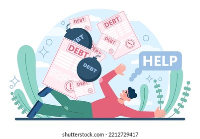 Concepto de deuda. Carácter con un pasivo por préstamos. Problema con las finanzas y el riesgo de quiebra. Carga crediticia, estrés mental por obligación financiera. Ilustración vectorial plana